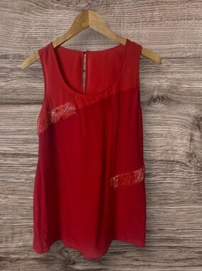 MM Couture by Miss Me Women's Red Silk Beaded Sleeveless Blouse Size Medium